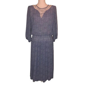 Vintage JAMIE Sz ? Navy & White Flowers Cottage Core Lace Collar Women's Dress